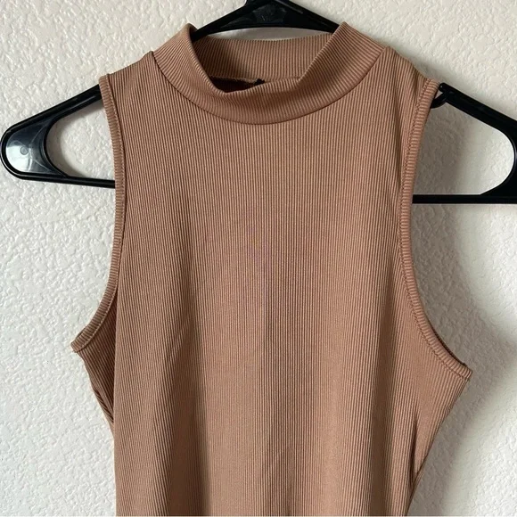 Tan Sleeveless Ribbed Turtle Neck Bodysuit One Piece - Picture 2 of 8